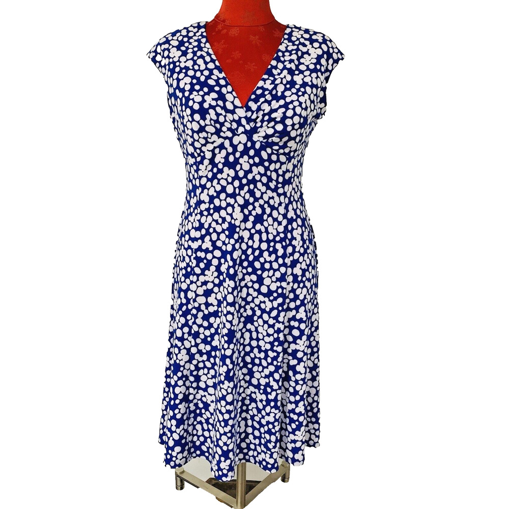 Chaps Size M Blue & White Polka Dots Dress Sleeveless V-Neck Pullover Stretchy